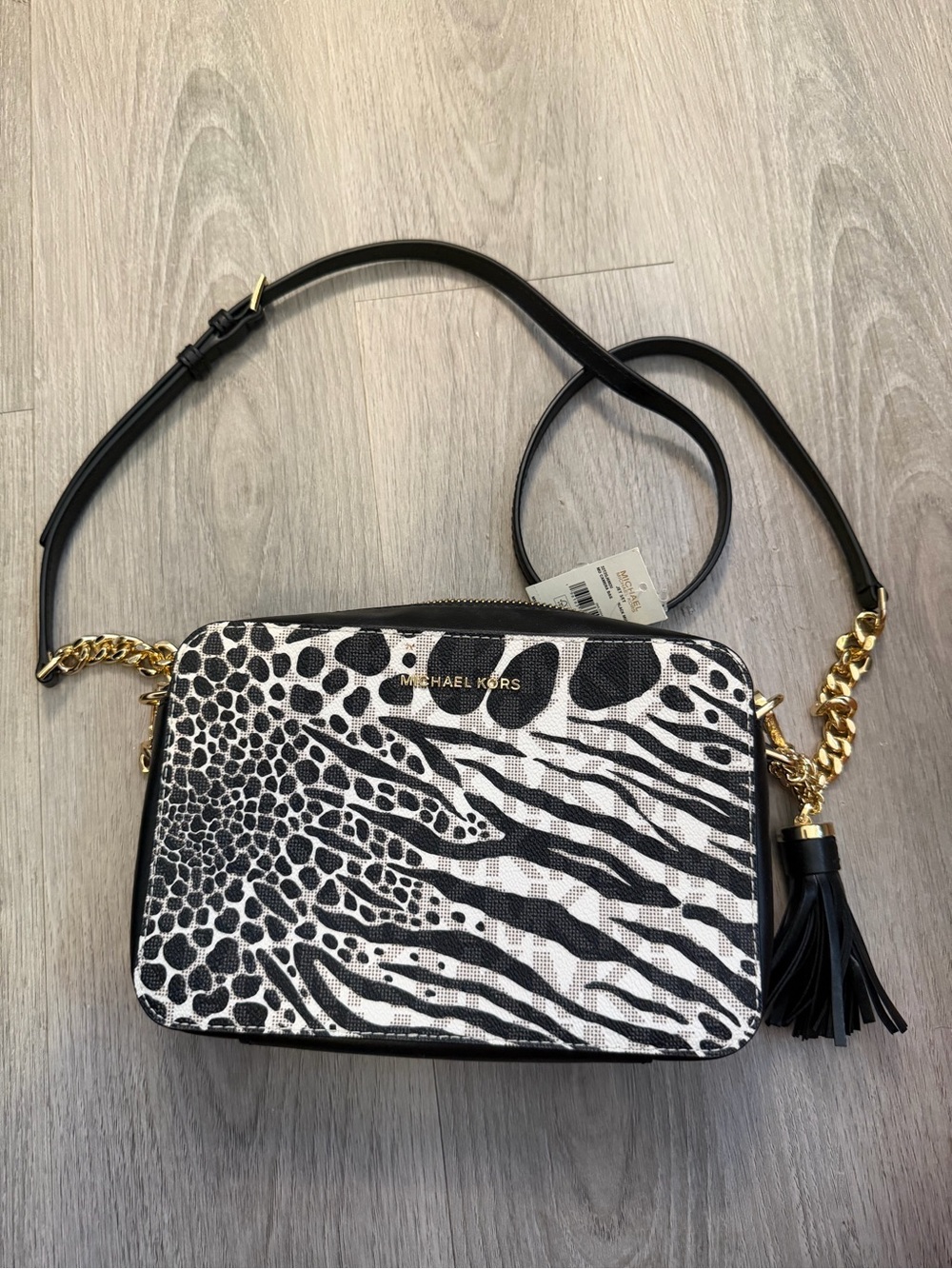 Michael Kors Black & White Animal-Print Crossbody with Gold Hardware